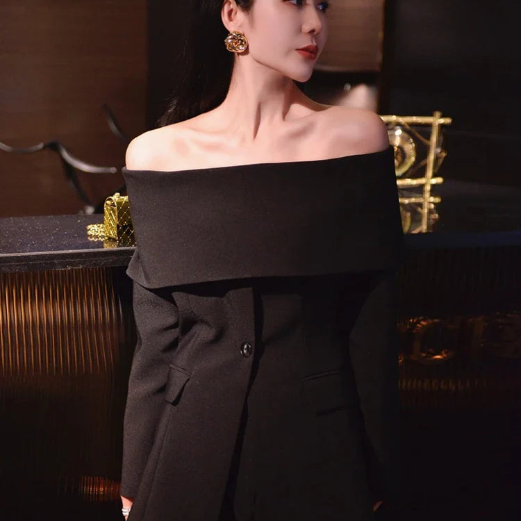 TWOTWINSTYLE Slash Neck Chic Blazers For Women Off Shoulder Long Sleeve Patchwork Single Button Solid Coat Female Clothes 2022
