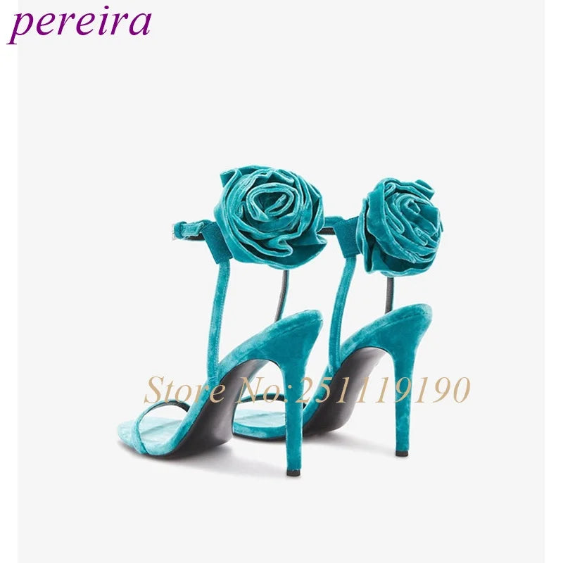 Blue Blossom Heeled Sandals One Strap Shallow High Heels Women Luxury Designer Shoes Summer 2025 Buckle Strap Sandalias De Mujer