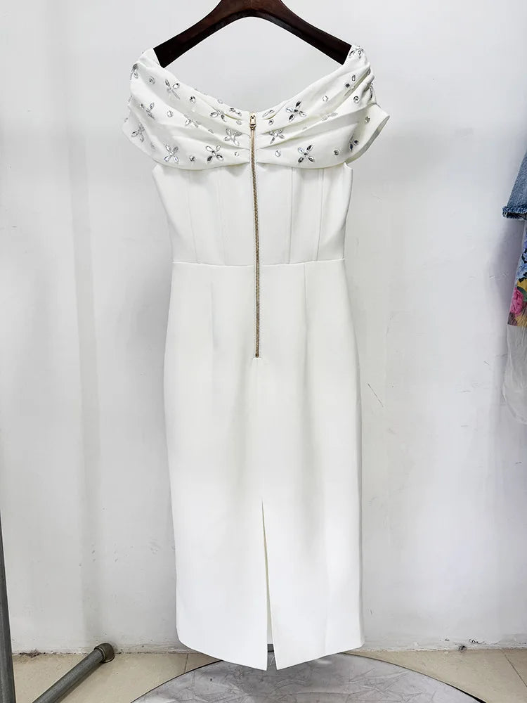 Black White Color Women Sexy Slash Neck Off the Shoulder Bodycon Mid-calf Dress Shinning Crystal Celebrate Evening Party Outfit