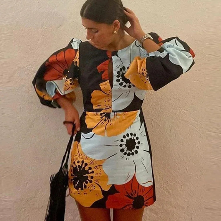 Elegant Backless Floral Mini Dress Summer Women Long Lantern Sleeve Beach Dresses Female Chic O-Neck Hollow Party Vestidos