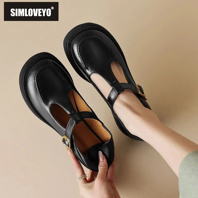 SIMLOVEYO 2024 Summer Vintage Women Flats 32 33 Round Toe Buckle T-Strap Big Size 42 43 Leisure Soft Daily Mary Janes Shoe