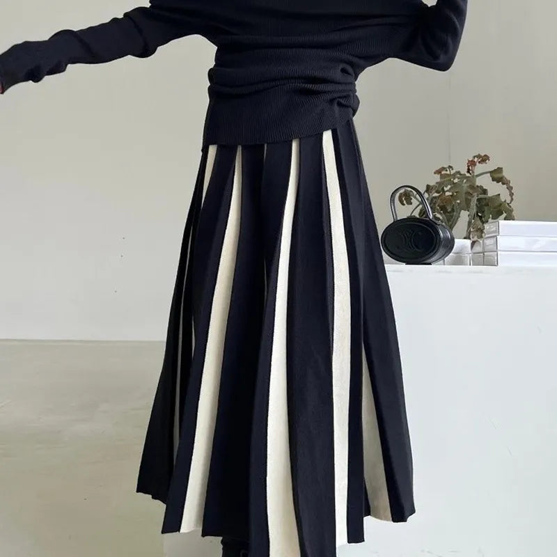 Fashion Patchwork Knitted Long Skirt Women Spring High Waist Pleated Skirt Woman Chic Striped Mixed Color Midi Skirts Mujer