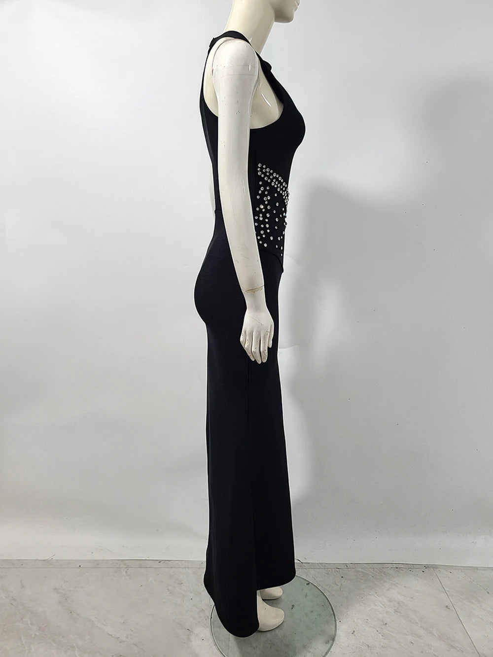 Elegant Black Halter Bandage Maxi Dress with Diamond Bodycon Sleeveless Vestidos Celebrity Party Runway Occasions Evening Gown