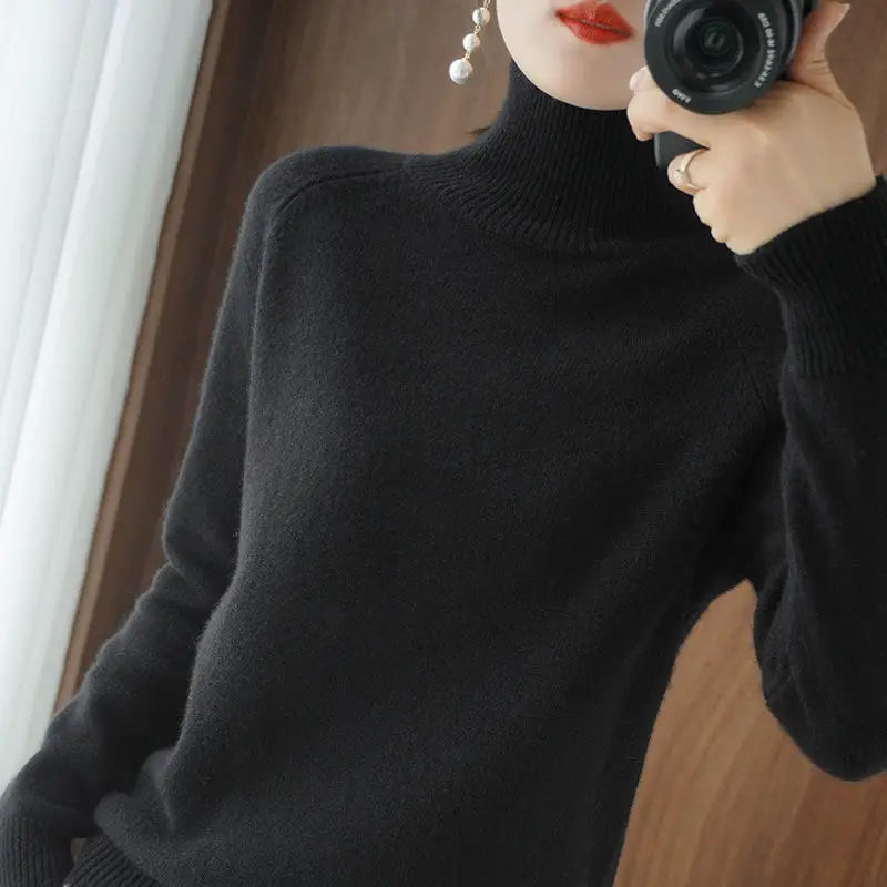 Turtleneck Pullover Fall/winter 2023 Cashmere Sweater Women Pure Color Casual Long-sleeved Loose Pullover Bottoming Women's Black