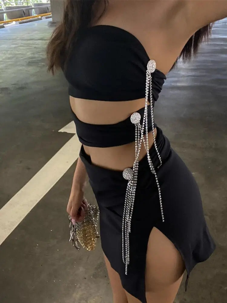 STOCK Hot Sexy Hollow Out Shining Diamonds Long Tassel Strapless Sleeveless Split Mini Dress Hotsweet Lady Summer Party Vestido