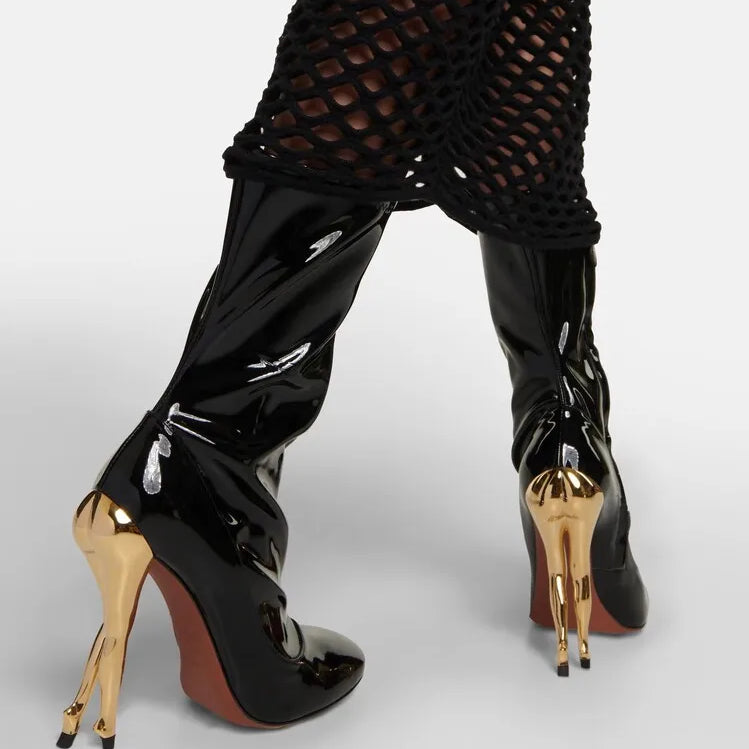 Women's New Lacquer Leather Black Show Irregular High Heel Knee Length Women's Boots Fashion Round Head Side Zipper Party Boots