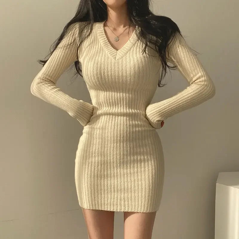 Women Knit Bodycon Dress V-Neck Long Sleeve Slim Sexy Dress Solid Casual Midi Sweater Dress For Autumn