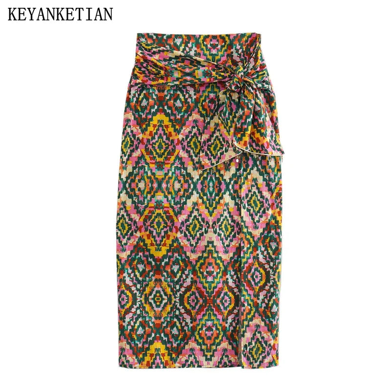 KEYANKETIAN New Vintage Diamond Check Geometric Color Matching Printed Women's Knot High-Waisted Skirt Slit Ankle-Length Skirt