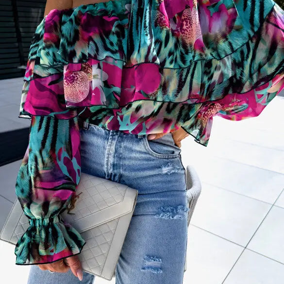 Summer Fashion Off Shoulder Printed Chiffon B LouseWomen Sexy Beach Style Slash Neck Ruffle Chiffon Blouse Women Black