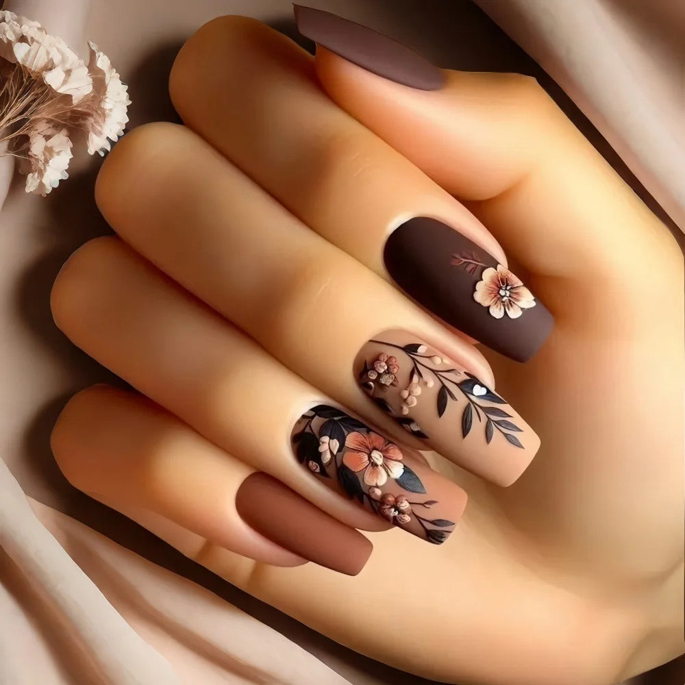 24pcs/set short medium long fake nails for Spring summer season gradient peach flowers butterfly heart press on false nail art