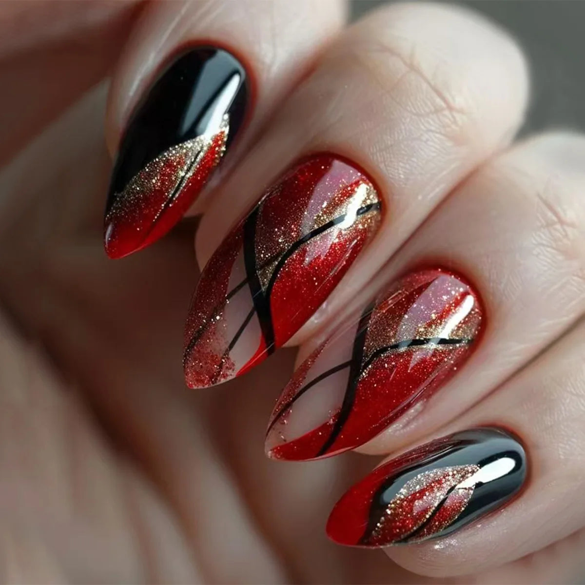 24Pcs Shading Gradient Deep Blue Press on Nails Stripes Almond False Nails with Jelly Glue Wearable Fashion Finished Nail Patch