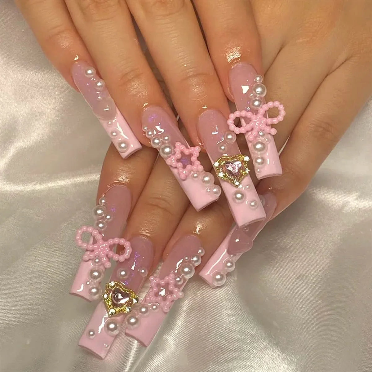 24Pcs Long Square White Pink French Press on Nails 3D Bow Flower Design False Nails Reusable Finished Full Cover Fake Nails Tips