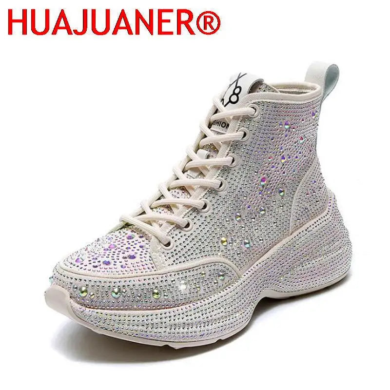 Shiny Rhinestones Thick Sole Autumn Winter Short Ankle Women Boots Women's Shoes for Woman Booties Boots for Women White