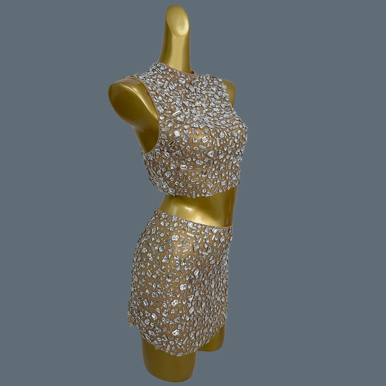 High-end Sparkly Crystals Backless Crop Tops Mini Skirt 2Pieces Set Sexy Women See Through Mesh Festival Party Outfit Shihualuo