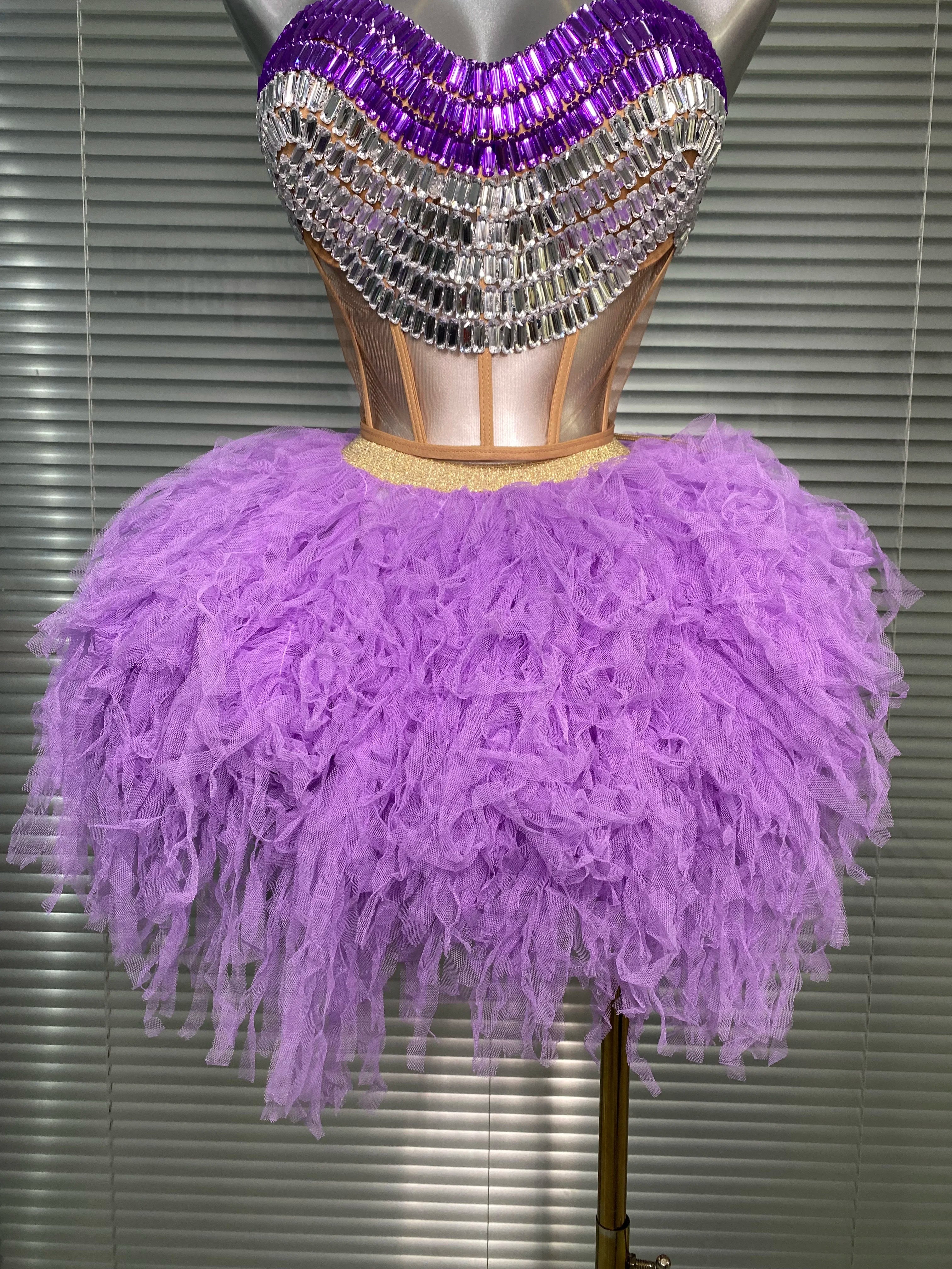 Luxury Sparkly Rhinestone Women Sexy Strapless Short Backless Dress Birthday Party Nightclub Outfit Dancer Performance Costume