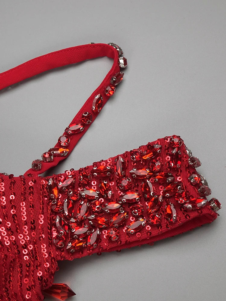 VC Red Diamonds Mermaid Dress Beaded Diagonal One-shoulder High Split Crystals Details Maxi Banquet Evening Party Gown