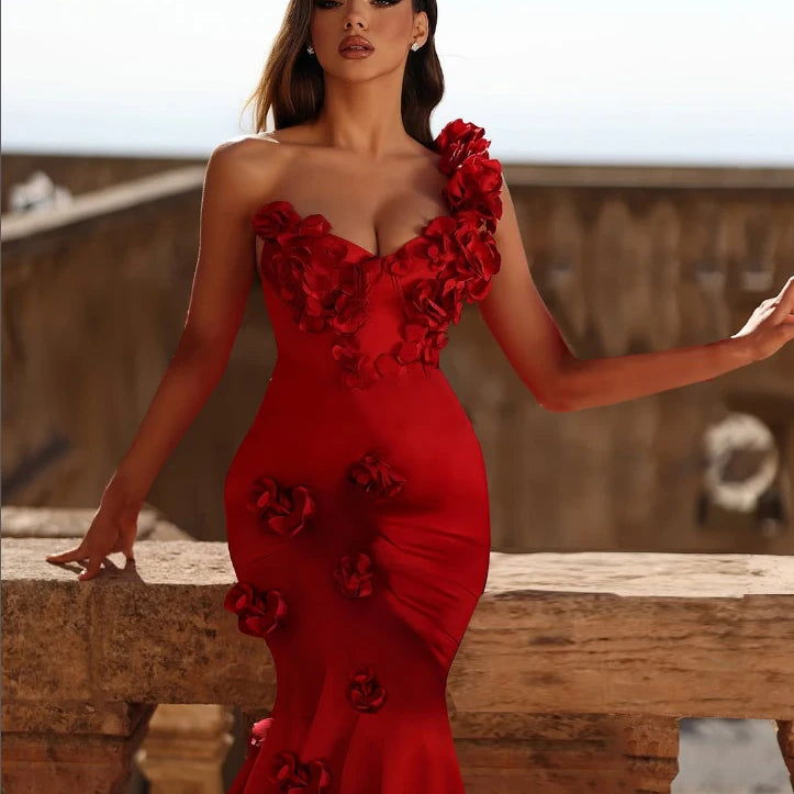 Red Color Women Sexy One Shoulder Florals Bodycon Long Bandage Dress Celebrate Evening Party Wedding Mermaid Outfit