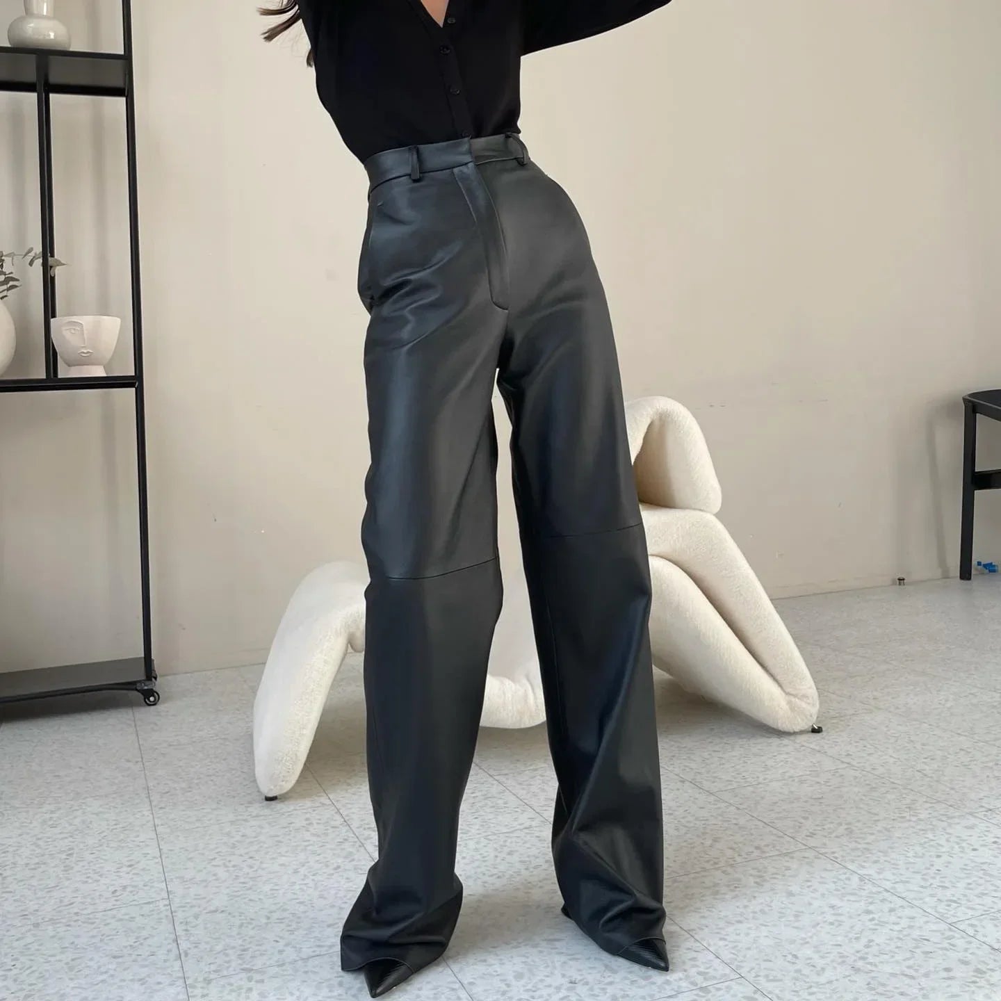 Europe and the United States wind women's spring PU leather mid-high waist hip lift straight ladies casual pants women's pants black