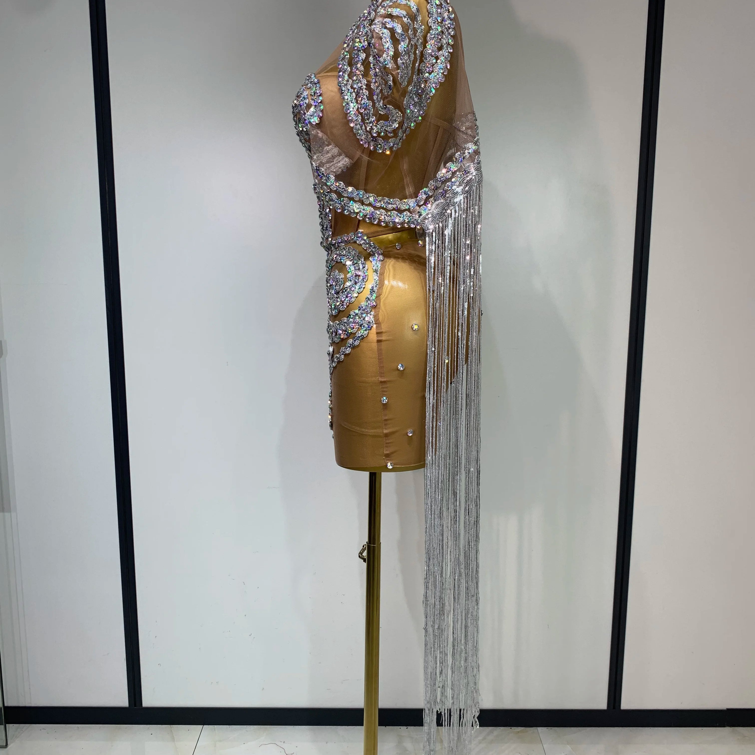 Sparkly Rhinestones Tassel Sexy Mesh Transparent Short Dress Women Evening Party Luxury Birthday Nightclub Singer Stage Costume