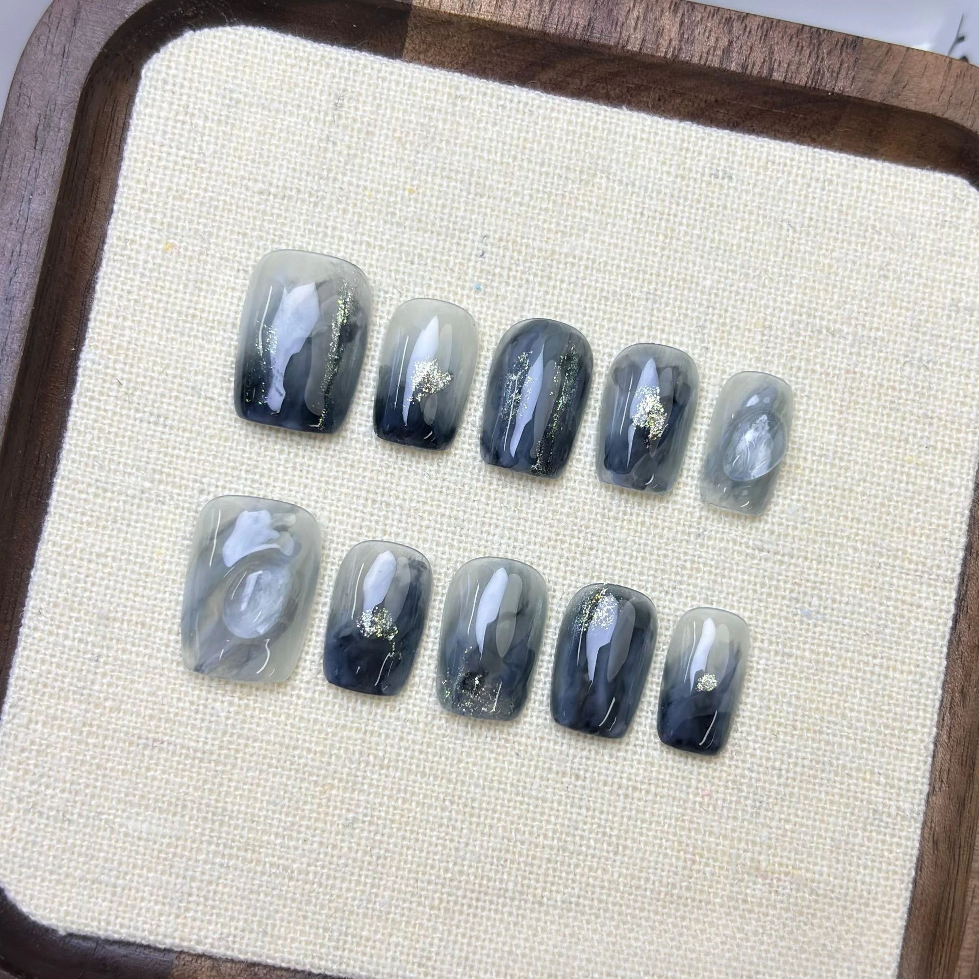 10Pcs Blue Short Square Head Handmade Fake Nails with Unique Smudging French Ballet Wearable Nail Tips Art Fashion Nail Stickers