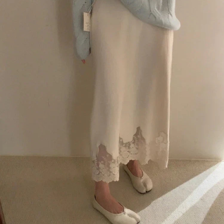 Patchwork Lace Skirts Women Fashion Knitted Jupe 2023 Faldas Mujer De Moda High Waist Tunic Saia Vintage Temperament Long Skirt