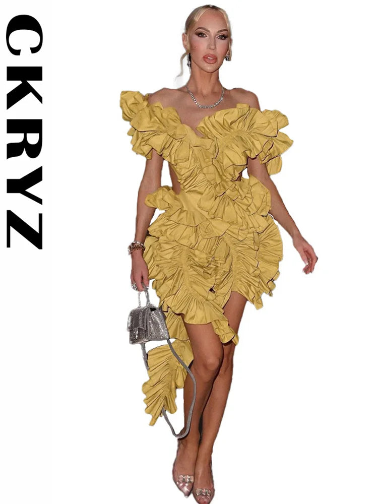 Ladies Autumn Sleeveless V-Neck Backless Sexy Birthday Party Mini Dresses For Women Ruffle New Fashion Clubwear Y2K Baddie Dress