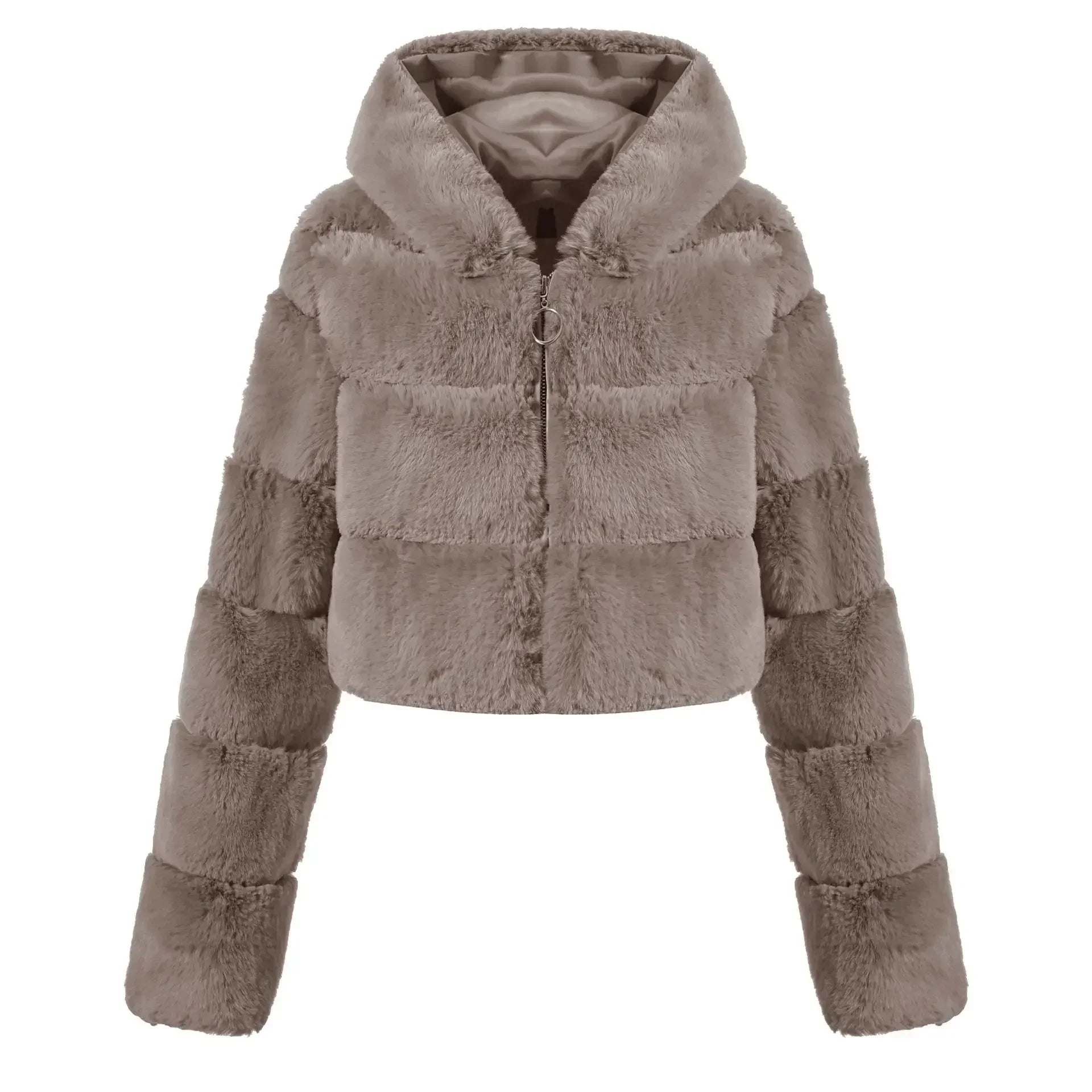 Winter Hooded Fluffy Jacket Women Faux Fur Coat Cropped Jacket Puffer Jacket Zip Up Winter Warm Fuzzy Teddy Coats Tops Outwear Khaki