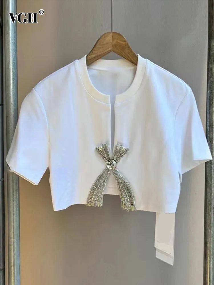 VGH Solid Patchwork Diamonds Split T Shirt For Women Round Neck Short Sleeve Slimming Minimalist T Shirts Female Fashion Style