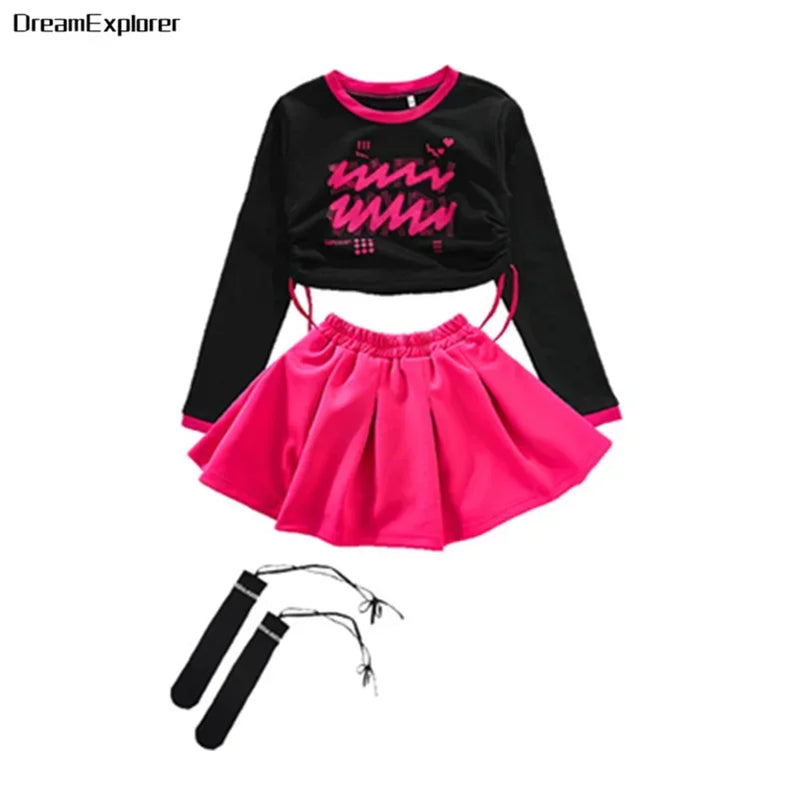 Girls Hip Hop Crop Top Street Dance Skirts Boys Cool Sweatshirt Pink Cargo Pants Child Streetwear Kids Jazz Costumes Clothes Set Skirt Girl 3 Pcs