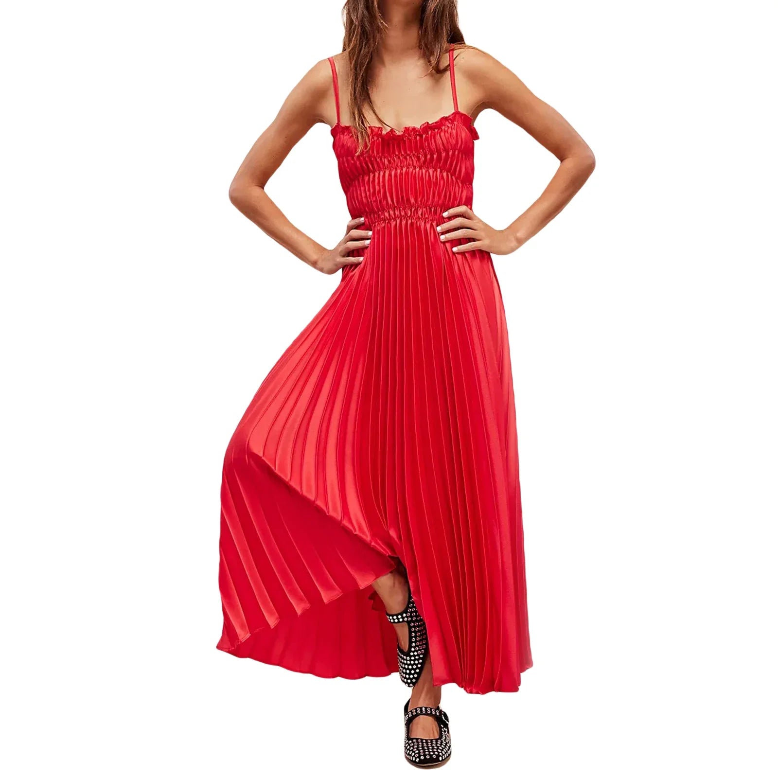 Women's Long Dress Adjustable Shoulder Straps Pleated Dinner Party Dress Smocking at bust Square Neck A-line Fit Dresses Femme Red