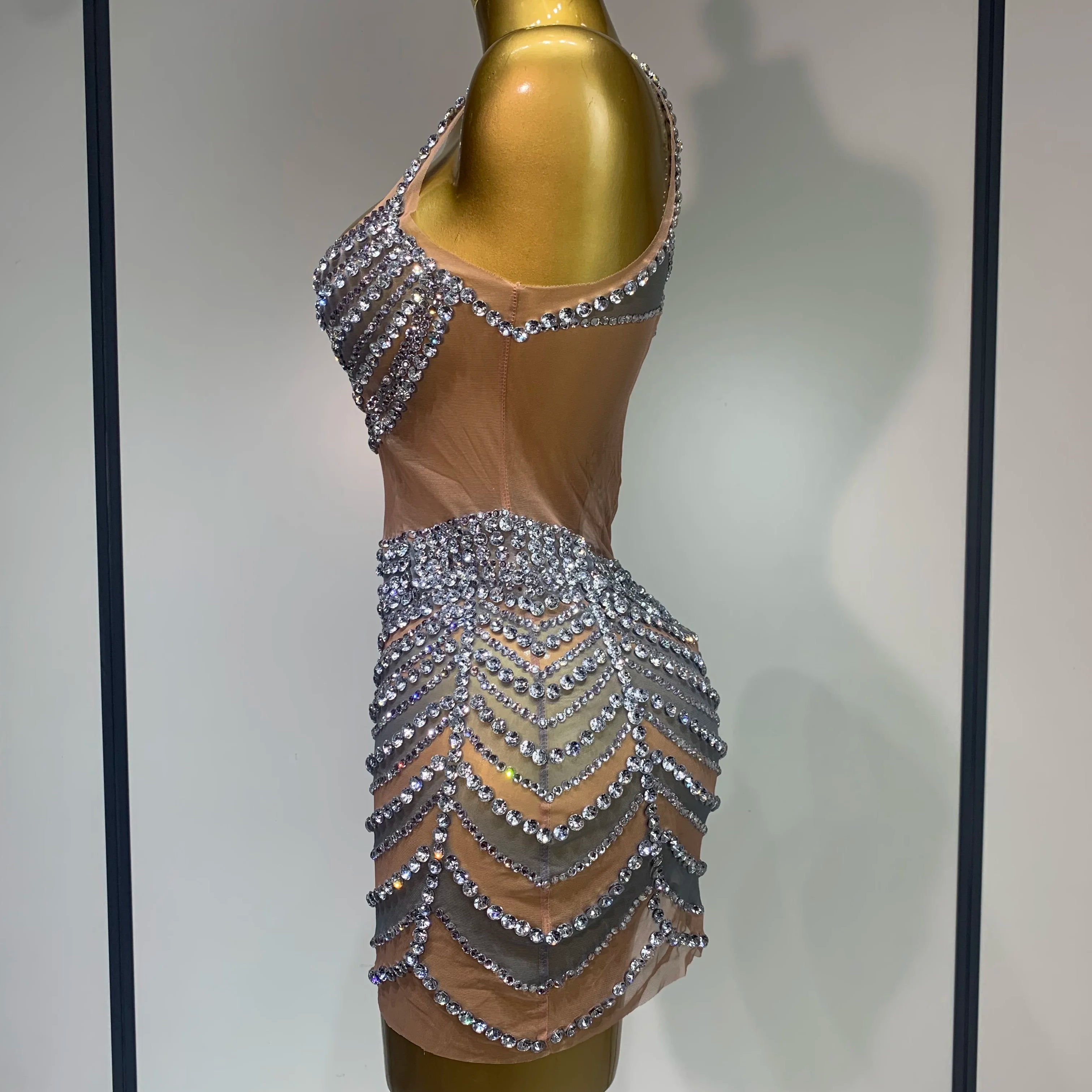 Sparkly Rhinestones Sleeveless Mini Dress Evening Birthday Celebrate Evening Party Dress Nightclub Stage  Performance Costume