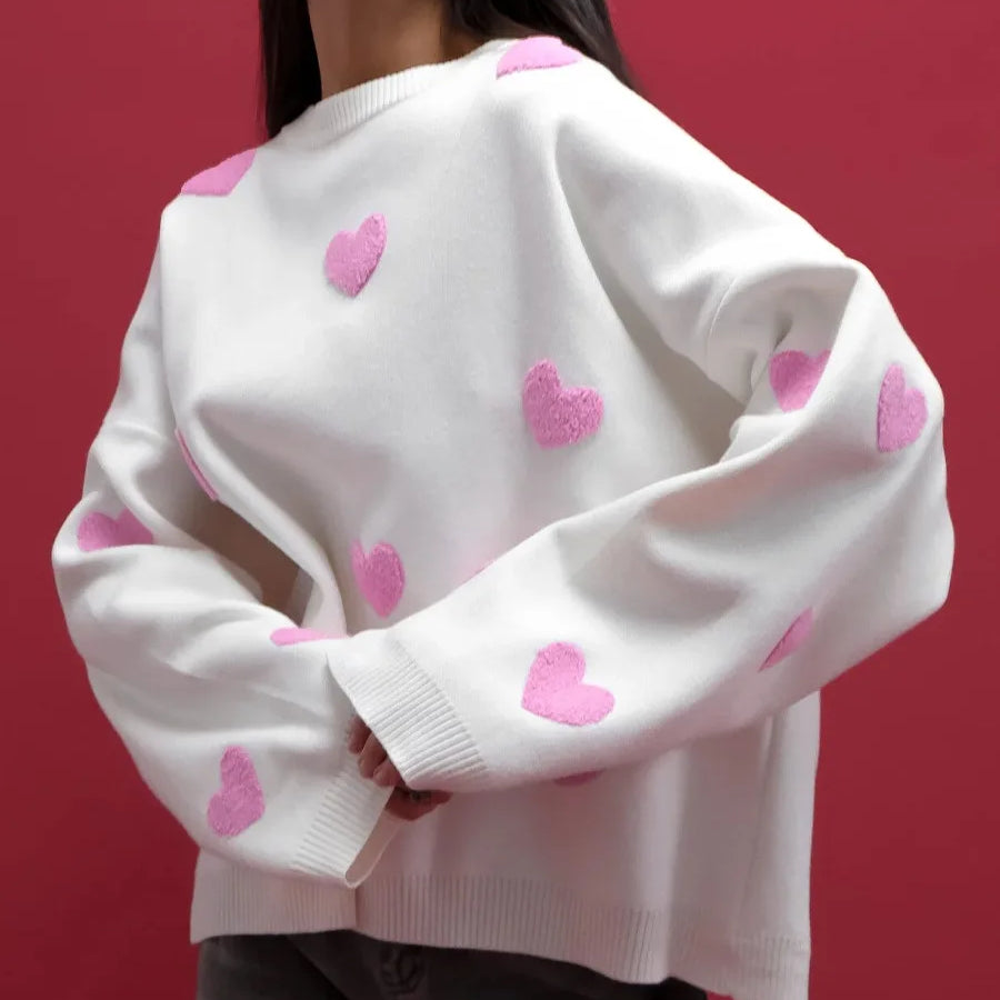 Chic Sweet Love Embroidery Knitting Sweaters Women Long Sleeved O-neck Pullovers Winter New Female Casual Fashion Sweaters White Pink