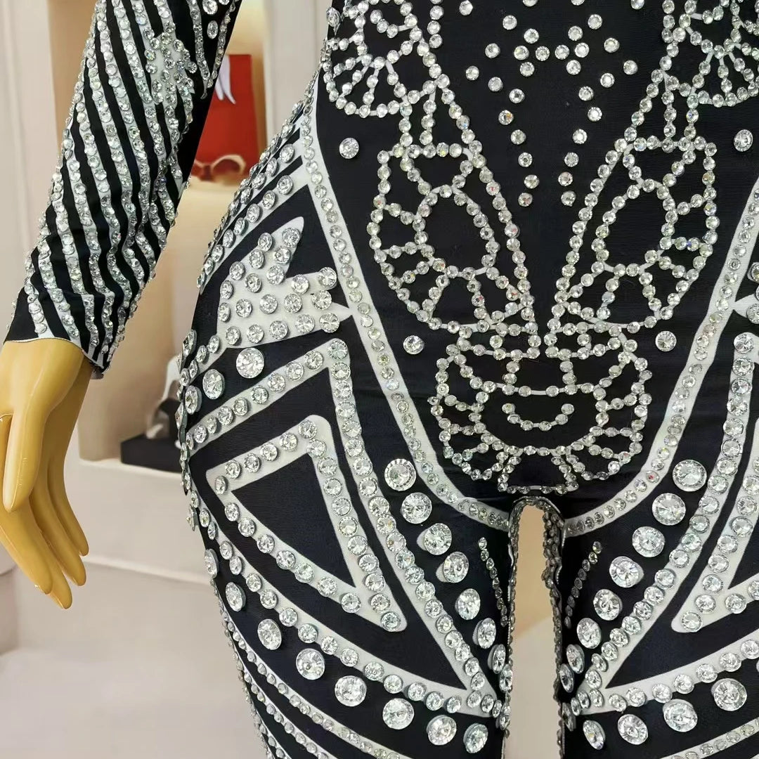 Fancy Sexy Black White Striped Printing Rhinestone Jumpsuit Bar Nightclub Stage Performance Bodycon Leggings for Women Mawenku