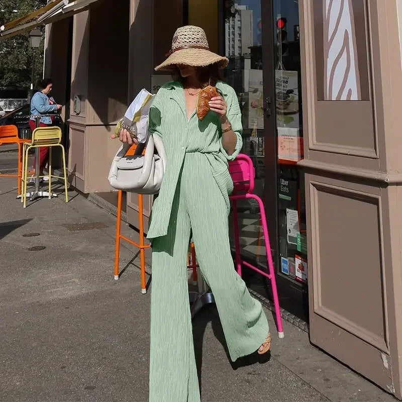 CM.YAYA Pleated Solid Women Set Long Sleeve Shirts and Straight Wide Leg Pants Suits Tracksuit Two Piece Set Fitness Outfits