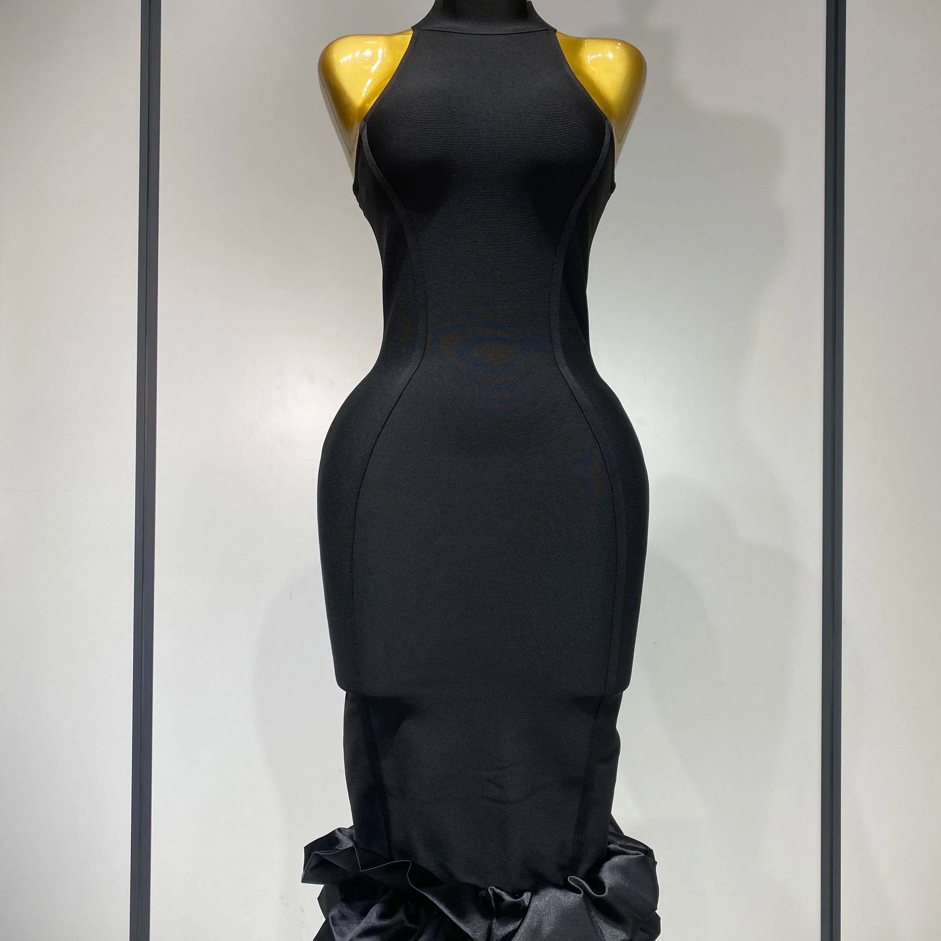 Women Sexy High Collar Ruffle Black Bandage Dress Sheath Sleeveless Party Prom Gown Elegant Formal Luxury Birthday Club Dresses