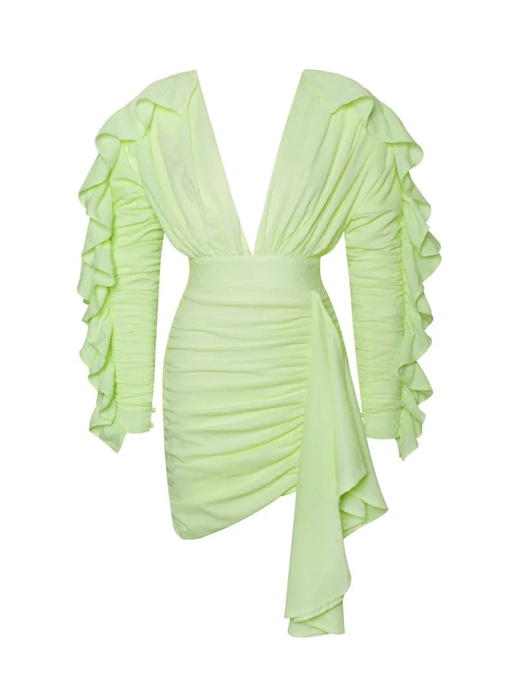 Yellow Green Women Butterfly Sleeve Sexy Deep V-Neck Bodycon Mini Dress Fashion Nightclub Party Dress