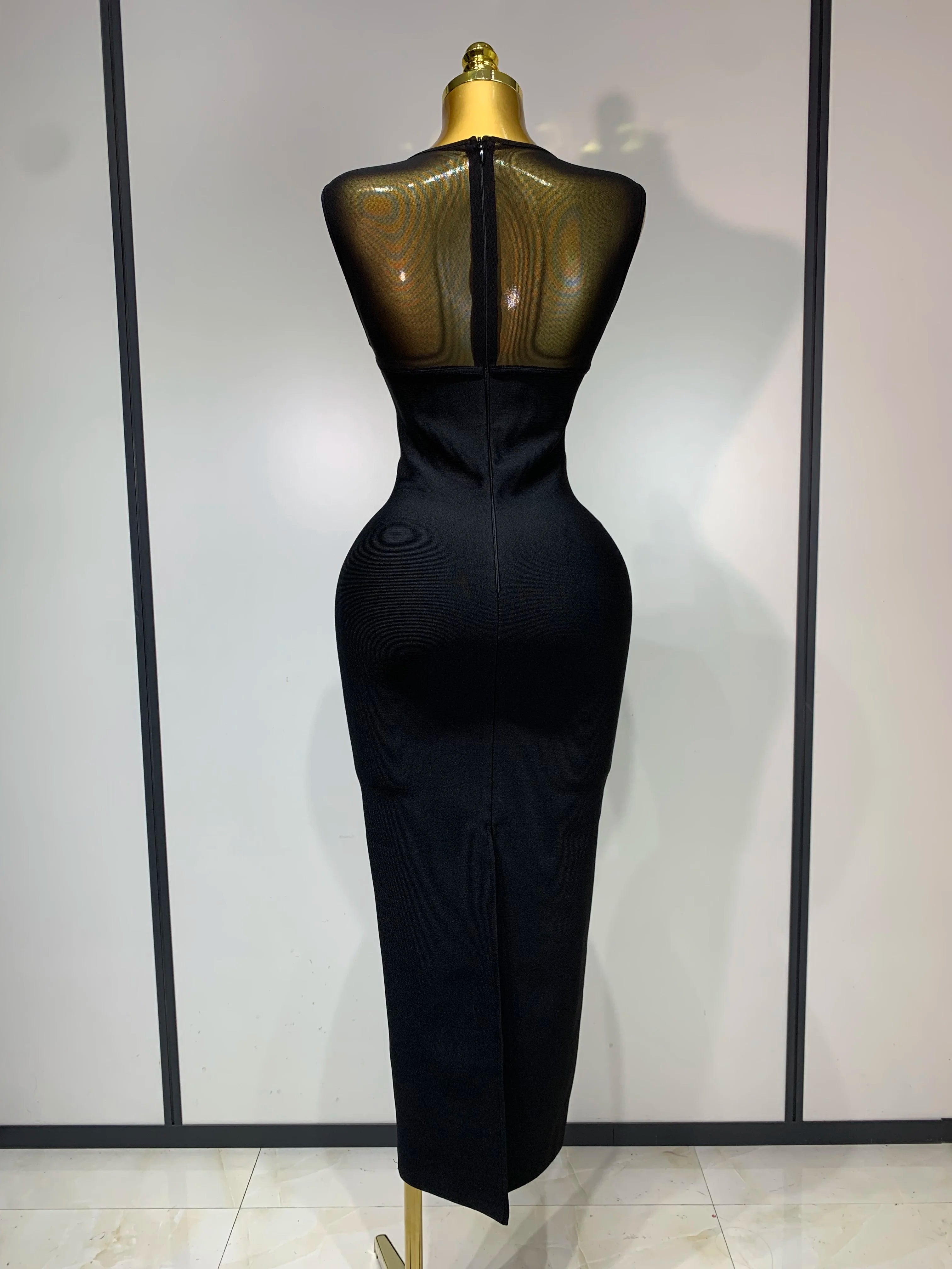 Women Sexy Mesh Patchwork Bandage Round Neck Sleeveless Bandage Dress Celebrity Elegant Evening Party Dress Club Wedding Gown