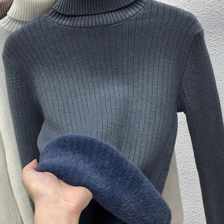 Warm Knit Pullover New Thicken Turtleneck Sweater For Winter Women Casual Slim Plush Lined Soft Long Sleeve Knitwear Jumper Tops