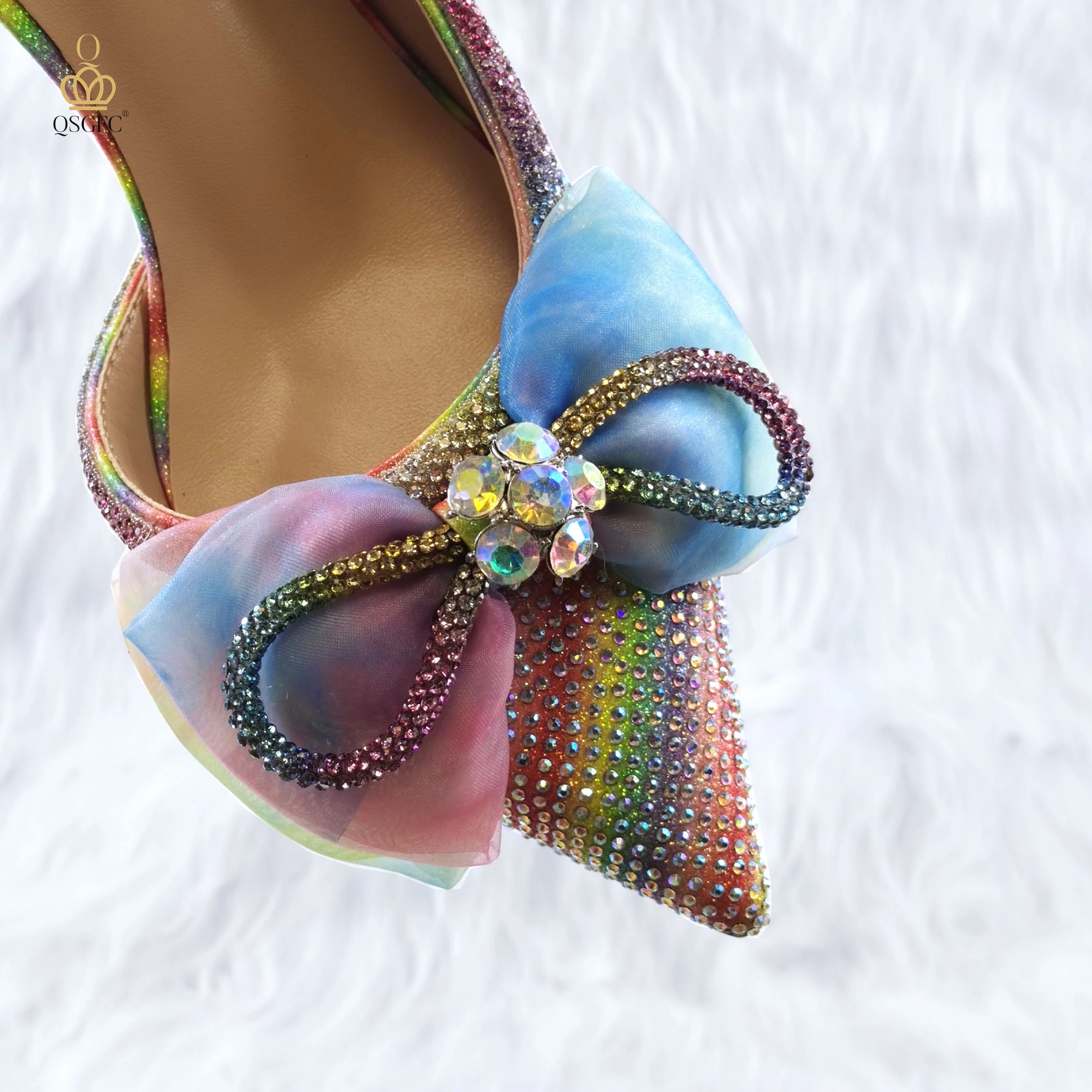 Pointed Rhinestone Shallow Mouth Temperament High Heels Rainbow Color Women's Shoes And Bags