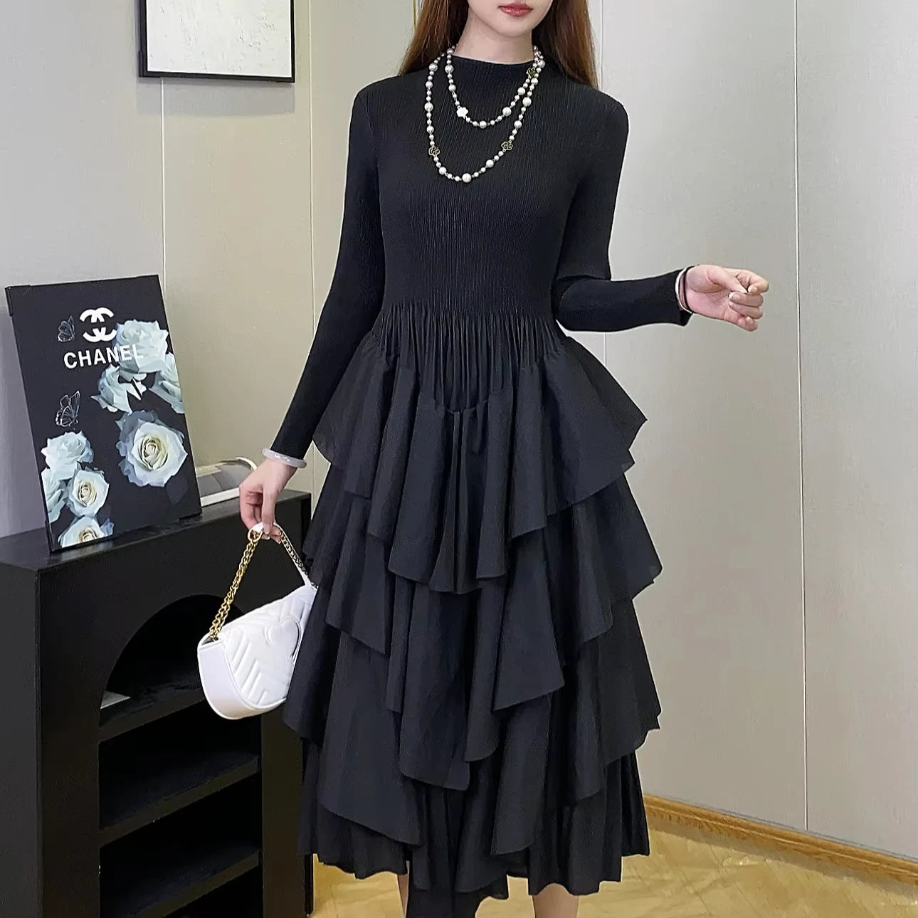 Robe plissée décontractée à manches longues et col rond pour femme, vêtement ample et extensible, tendance 2024