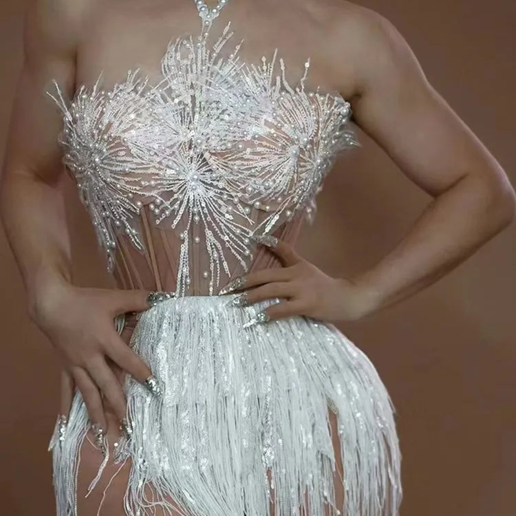 Stock Women Backless Halter Tassel Pearl Snow Mini White Dress Birthday Party Costume Bar Nightclub Stage Performance Dress