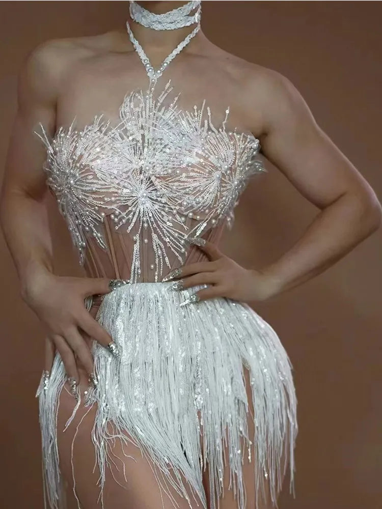 Stock Women Backless Halter Tassel Pearl Snow Mini White Dress Birthday Party Costume Bar Nightclub Stage Performance Dress