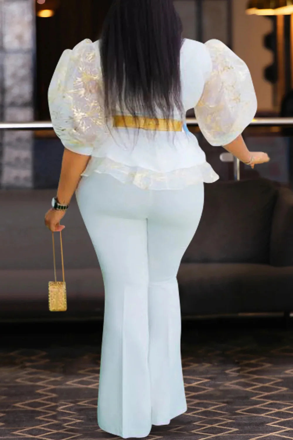 Plus Size Mother Of The Bride White Elegant Round Neck Puff Sleeve Half Sleeve Ruffle See Through Two Piece Pant Sets