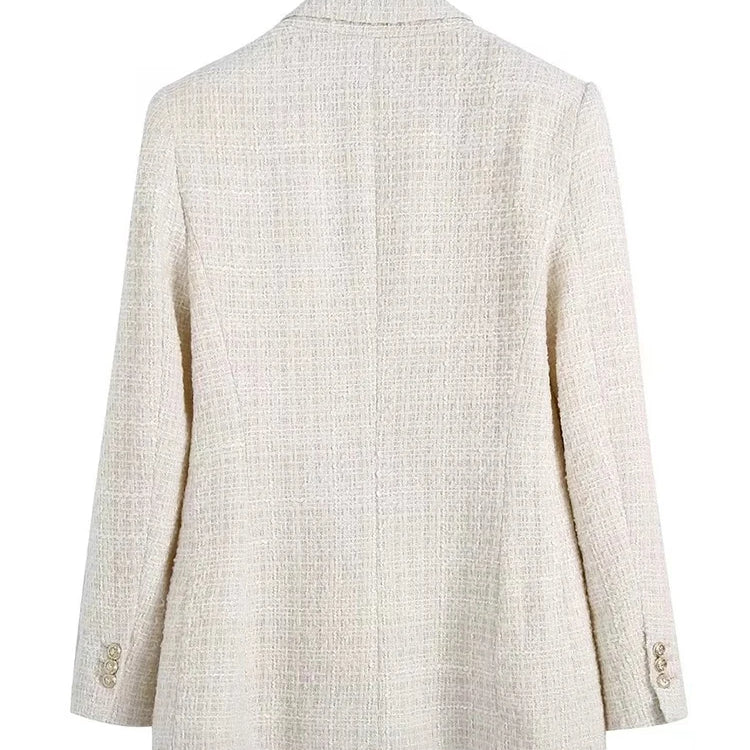 Women Fashion Tweed Double Breasted Blazer Coat Vintage Long Sleeve Flap Pockets Female Outerwear Chic Veste Femme