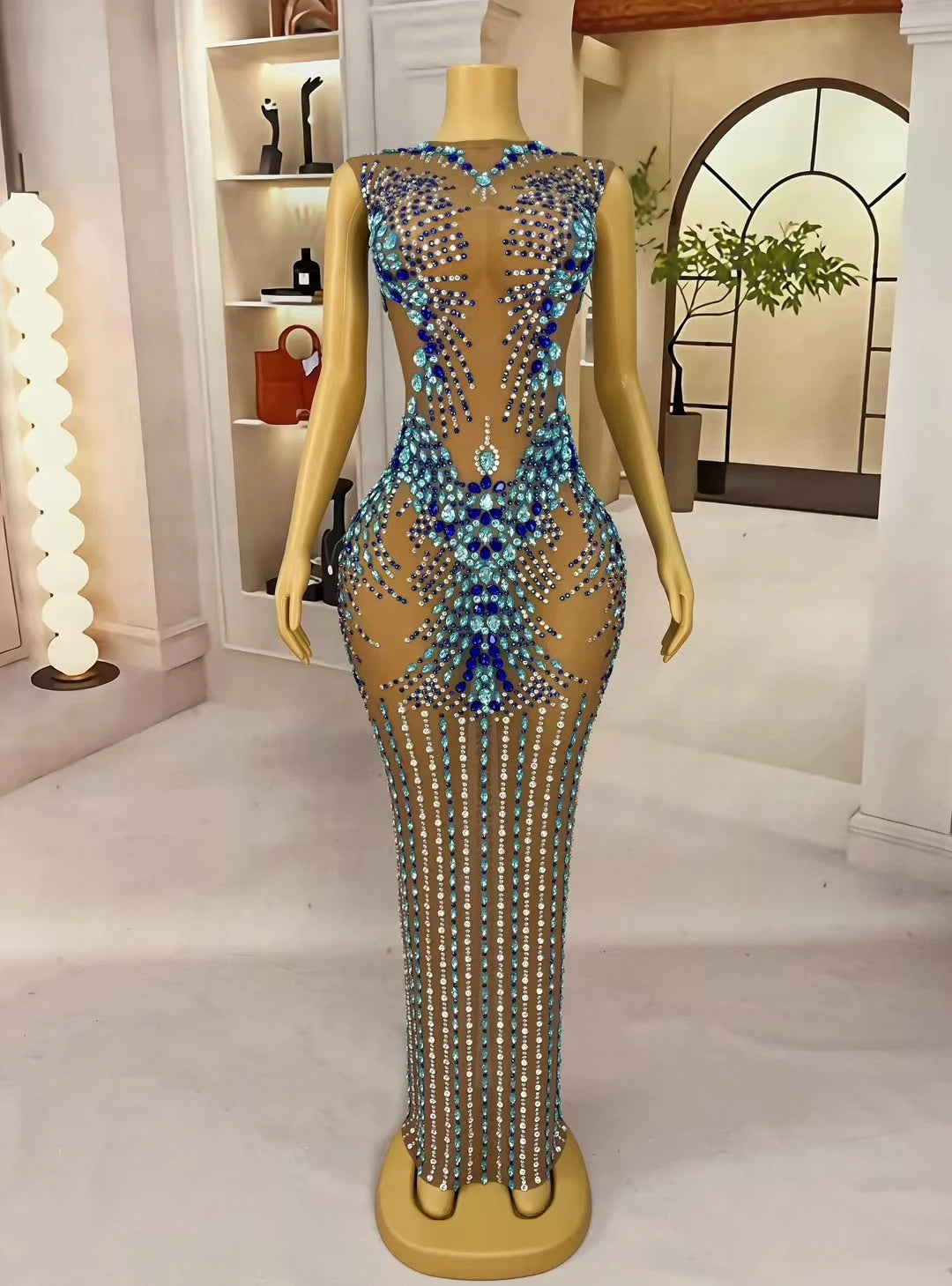 Sparkling Rhinestone See Through Mesh Evening Gown Birthday Celebrate Prom Sexy Long Dress Nightclub Cocktail Party Lantianyise