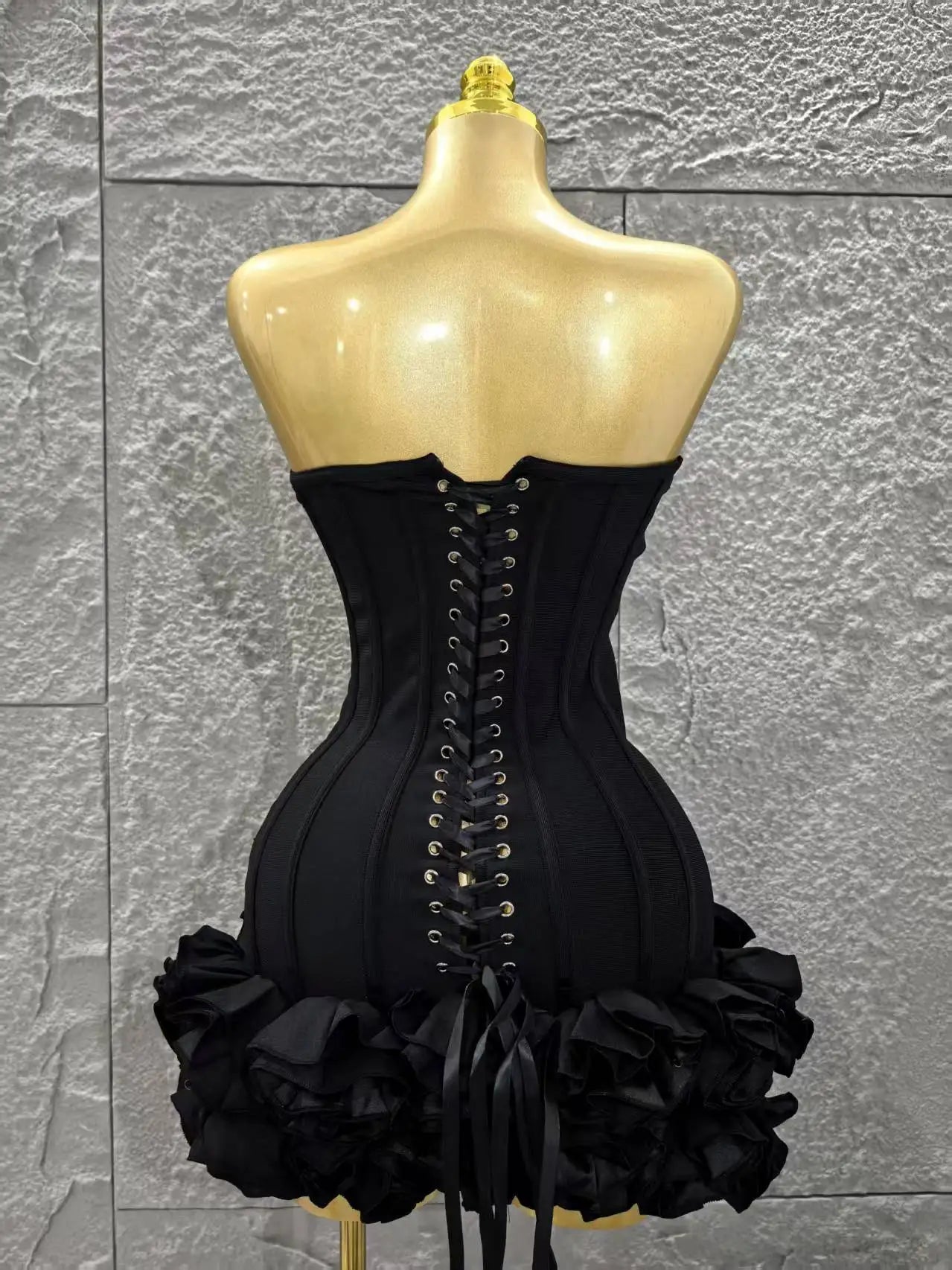 Black Color Women Sexy Strapless Florals Bodycon Mini Ball Gown Bandage Dress Celebrate Nightclub Party Bar Birthday Outfit