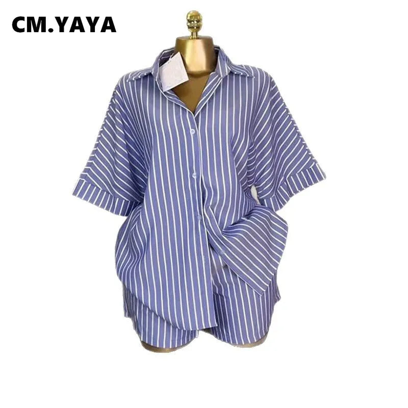 CM.YAYA Fashion Striped Women's Set Half Sleeve Turn-down T-shirt and Shorts 2025 Summer Chic Two 2 Piece Sets Outfit Tracksuit