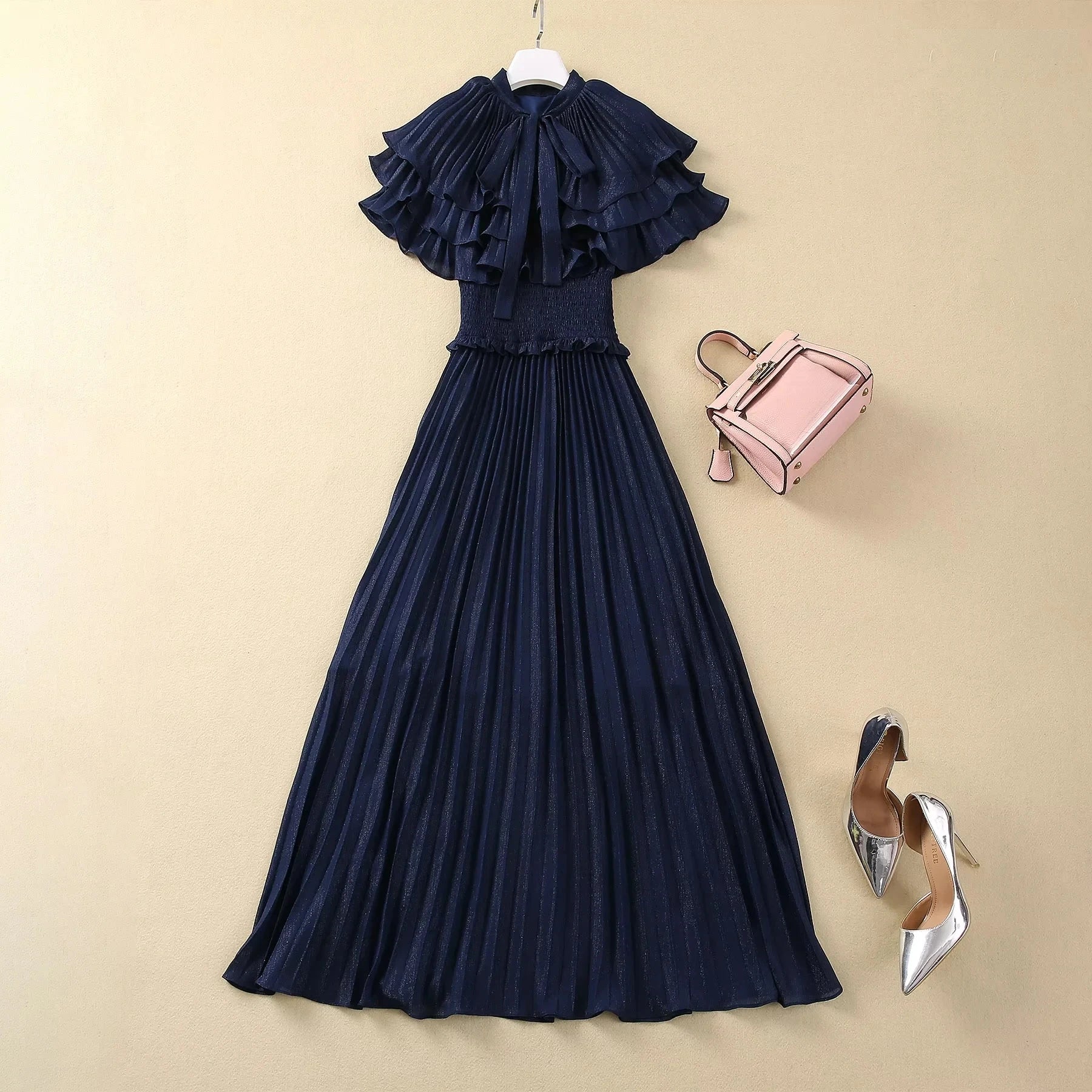 ZJYT Designer Elegant Cloak Sleeve Pleated Dresses for Women 2024 Runway Summer Fashion Elastic Waist Long Party Evening Dress blue