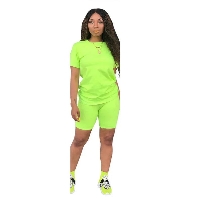Women Sets Summer Outfit Sportswear Two Piece O-Neck Short Sleeve Tee Gym Tracksuit Jogging Tshirts Casual Style Green