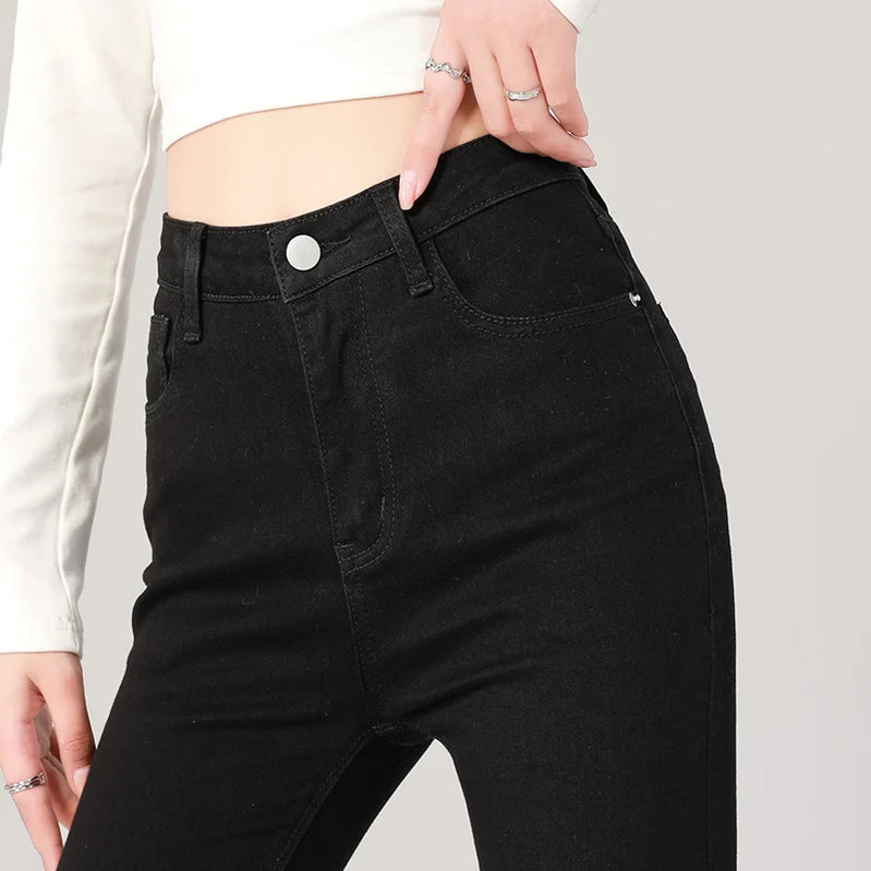 Fashion Women's Slim Skinny Jeans Comfortable Stretch Casual Solid Colours Pencil Pants Female Black Denim Trousers black
